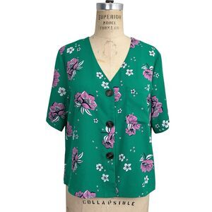 Anthropologie Azel Hazel Womens Button Up Floral Blouse L Kelly Green Granny